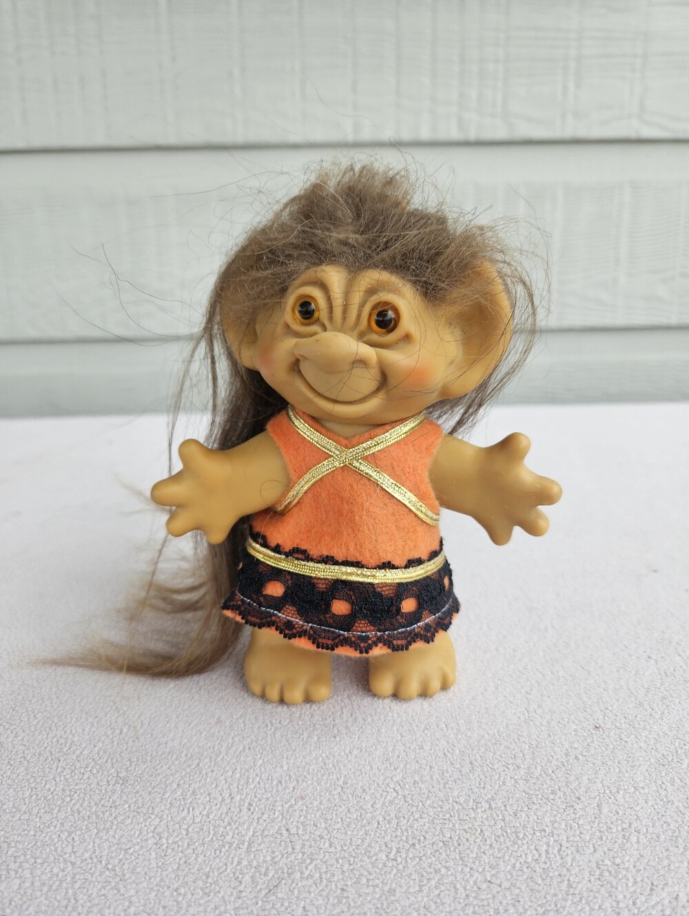 VTG Uneda Wishnik Troll Doll 6" Orange Dress Straight Brown Hair Cave Man Woman